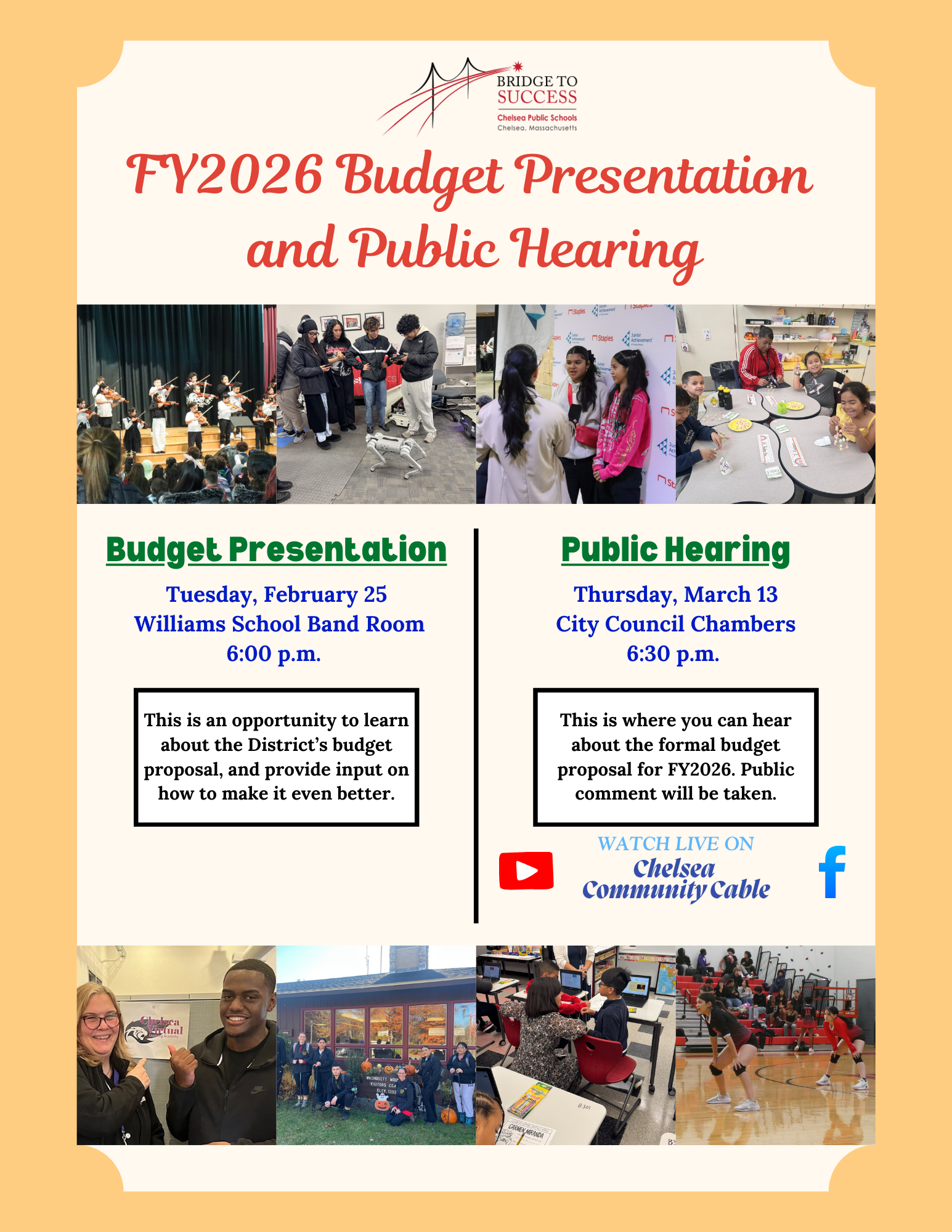 Image advertising upcoming meetings about the FY2026 budget for Chelsea Public Schools